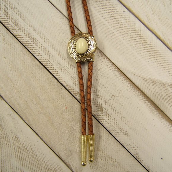 COPY - Unique Polished Brass Bolo Tie w Ivory Cabochon Leather Cord Western Nec… - Picture 1 of 7